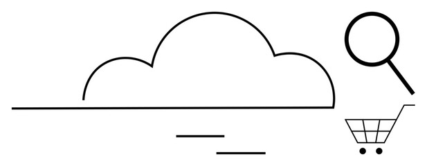 Cloud outline, magnifying glass, and shopping cart represent data storage, search, and e-commerce. Ideal for technology, cloud computing, searching, shopping marketing innovation connectivity