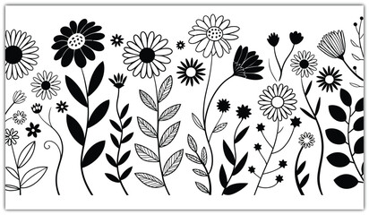 Elegant monochrome floral border design element, hand-drawn vector illustration