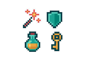 Obraz premium Set of four retro pixel art style fantasy items: magic wand, shield, potion, key