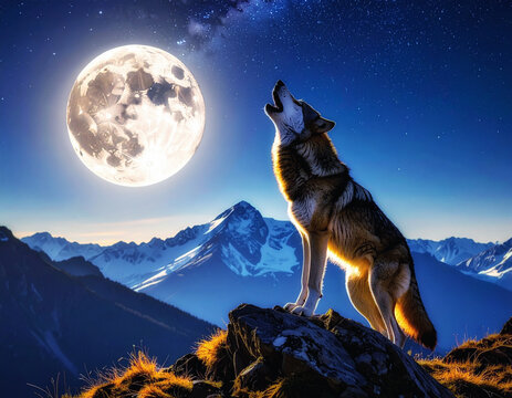 Lobo solitario aullando bajo la luna llena en la cima de una monta&ntilde;a nevada, bajo la luz nocturna con cielo estrellado. Escena salvaje concepto de libertad, fuerza y conexi&oacute;n con la naturaleza