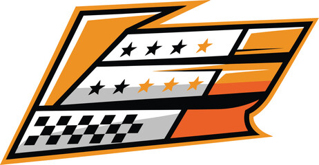 A modern racing style graphic design with star and flag elements