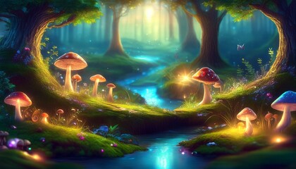 beautiful miniature fairytale enchanted forest trees mushrooms elves rivers plants fireflies digital painting