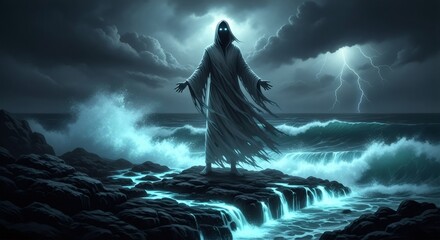Mysterious male figure in hooded robe with glowing eyes stands on rocks by stormy ocean with crashing waves and lightning. Fantasy, mystical concept.