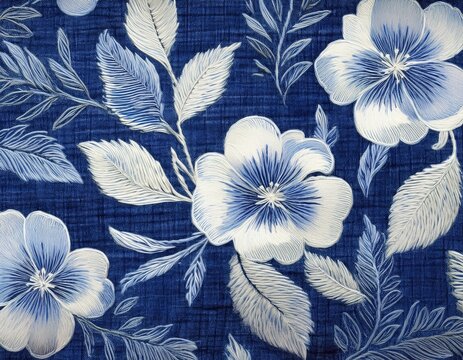 blue and white woven denim fabric with a flower and leaf linen feel with no seams generative ai - Powered by Adobe