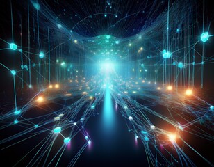 complex network mesh glowing and transferring data through nodes symbolizing artificial intelligence deep learning and the interconnected nature of modern technology