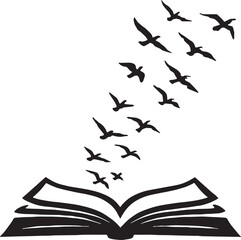 Black and white silhouette artwork of an open book with birds ascending from its pages. This conceptual illustration symbolizes freedom, imagination, and the transformative power of reading. Ideal for