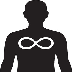 Black and white silhouette artwork of a human figure from the shoulders up, facing forward, with a prominent white infinity symbol on the chest. This conceptual illustration symbolizes eternal life, b