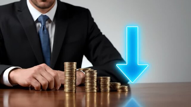 Man in Suit Stacking Coins on Wood Table with Neon Down Arrow Symbolizing Financial Loss Against Neutral Grey Background