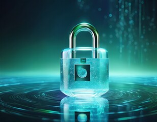 glass padlock in aqua water digital security and privacy concept