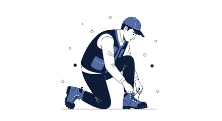 Adventurous Man Kneeling Tying Boots Readying for Trailblazing Adventure Illustration