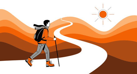 Adventurous Traveler Ascending Path, Illustrating Expedition and Journey with Sun Shining