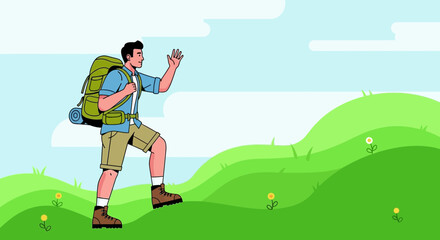 Adventurous Traveler Ascending a Green Hill in a Sunny Day with Backpack Hiking