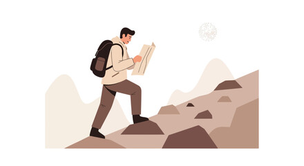 Adventurous Traveler Ascending Rocky Terrain While Referencing A Map For Navigation