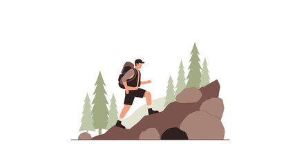 Adventurous Traveler Ascending Rocky Terrain With A Backpack And Exploring Nature