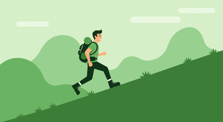Adventurous Traveler Ascends a Green Hill With Backpack on a Hiking Expedition