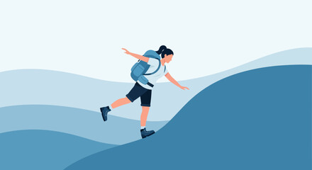 Adventurous Traveler Ascending Steep Terrain Amidst Serene Wavy Landscape Design