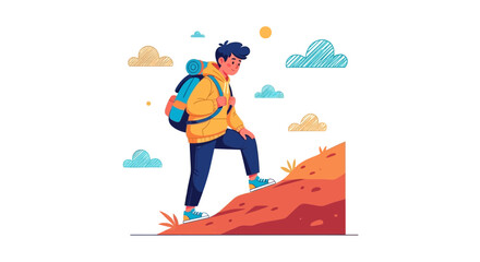 Adventurous Traveler Ascends Mountain in Colorful Artistic Illustration of Tourism