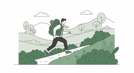 Adventurous Traveler Ascends Mountain Path With Backpack Amidst Serene Wilderness