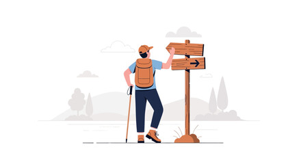 Adventurous Traveler Choosing Direction On Wooden Signpost During Hike Adventure
