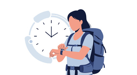 Adventurous Traveler Checking Wristwatch, Ready for Journey, Time Management, or Schedule