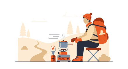 Adventurous Traveler Cooking Outdoors Over Camp Stove During Expedition in Nature