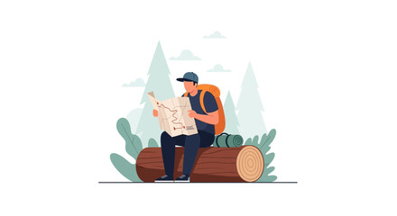 Adventurous Traveler Consults Map While Resting On Log Near Forest Trees Silhouette