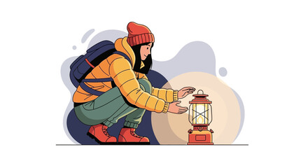 Adventurous Traveler Cradling a Lantern Amidst Serene Outdoor Environment Illustration