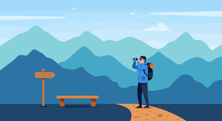 Adventurous Traveler Gazing At Distant Mountains With Binoculars Seeking Exploration