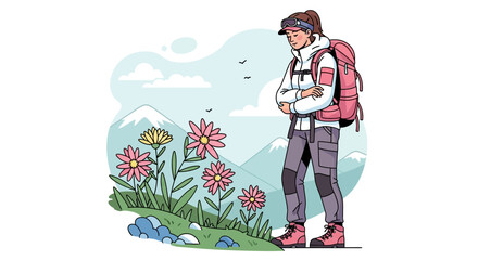 Adventurous Traveler Gazing At Wildflowers In Mountainous Landscape