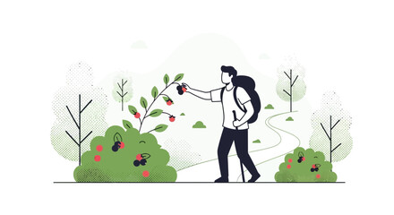 Adventurous Traveler Harvesting Berries Amidst Serene Trail Scenery Nature Illustration