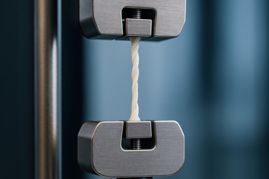 Detailed Close-Up of Tensile Testing Machine Showing Twisted Material Under Stress in Laboratory Setting