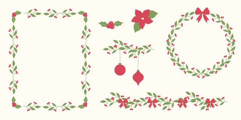 Set of Christmas frame boarder of holly berries, poinsettias, bows and mistletoe. Whimsical coquettish floral borders for greeting cards, holiday invitation.