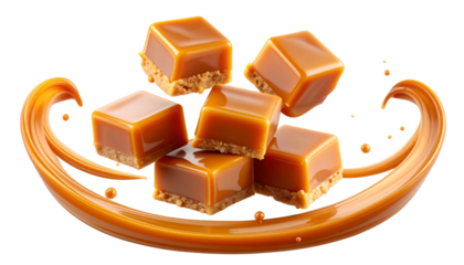 PNG Caramel Pieces in Motion with Splash Trails, Dynamic Confection Scene Isolated
