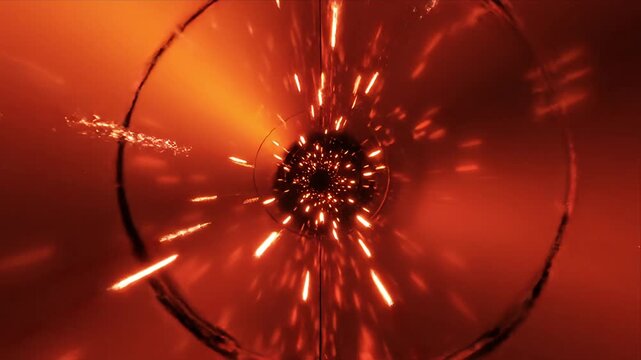 Dynamic hyperspace tunnel travel through a fiery orange red light speed warp with abstract glowing cosmic streaks Futuristic interdimensional gateway journey