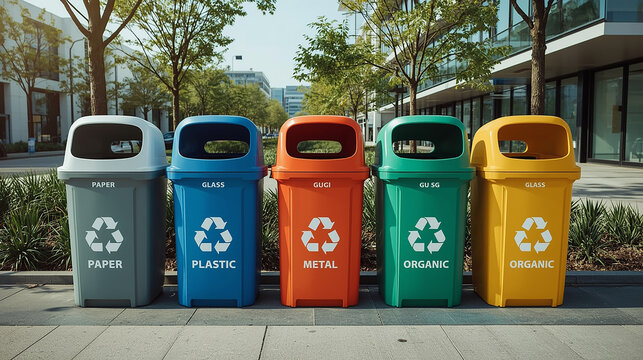 Five Colorful Recycling Bins in City Park. Recycling bins in a public park used for sorting recyclable materials. Concept of environmental protection and waste reduction.