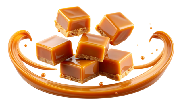PNG Caramel Pieces in Motion with Splash Trails, Dynamic Confection Scene Isolated