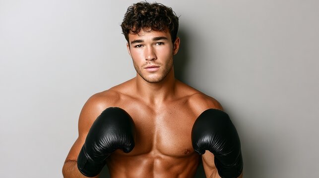Athletic young man with curly hair wearing black boxing gloves poses confidently against a neutral background, showcasing strength and determination in a powerful boxing stance ready for action - Powered by Adobe