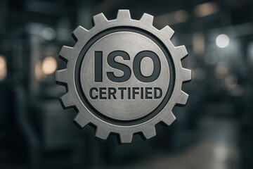 ISO Certified Badge with Metal Gear Design Representing Quality and Standards in Industry
