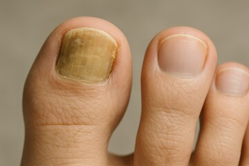 Fototapeta premium Close-up of a Human Toe with Nail Discoloration on the Big Toe and Healthy Nail on the Second Toe