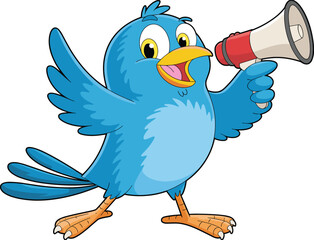 Cartoon blue bird with megaphone, cheerful character, announcement illustration, kids design, white background, communication concept