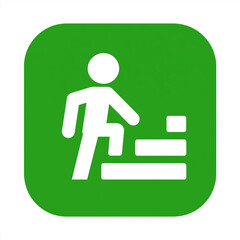 Simple white human figure climbing stairs icon on green square background symbolizing progress movement steps