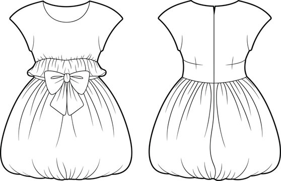 Children’s dress sketch, fashion flat, balloon hem, bow detail, sewing template, front back view, garment design