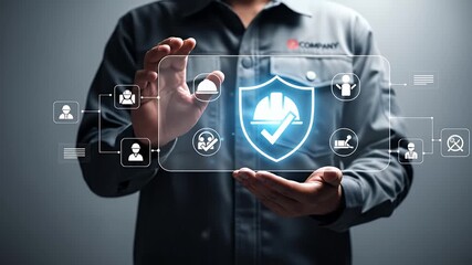 Man Holding Virtual Shield with Digital Icons Displayed on a Gray Background Wearing a Gray Work Shirt With a Company Logo Visible - Powered by Adobe