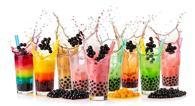 Assorted bubble tea drinks with tapioca pearls isolated on white background