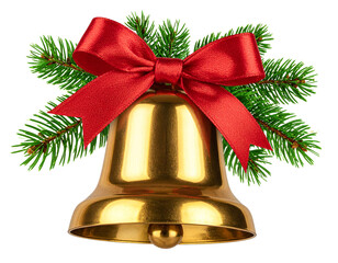 Golden Christmas Bell with Pine Sprigs and Red Ribbon, Front-Facing View, Isolated PNG.And transparent the background.