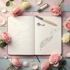 Open sketchbook with delicate floral arrangements, featuring pencil drawings of swirls, a feather, and a vintage key, creating an artistic and romantic atmosphere
