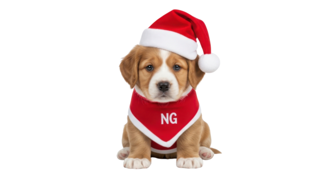 Puppy wearing a Santa hat and a red bandana with the letters NG isolated PNG with Transparent Background
