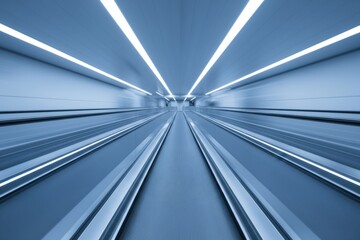 Futuristic corridor with moving walkways illuminated by bright LED lights, creating a dynamic perspective and a sense of speed in a modern architectural space