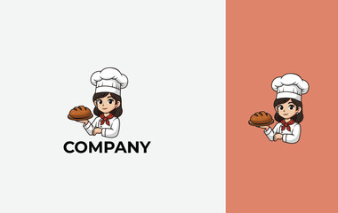 Young Woman baker holding of bread. Bakery, bakeshop logo or label. Isolated Vector design template.