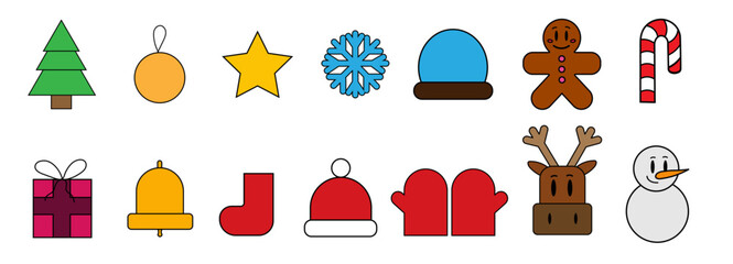 Christmas color icon set 2026. Tree, toy, star, snowflake, ball, gingerbread and more.